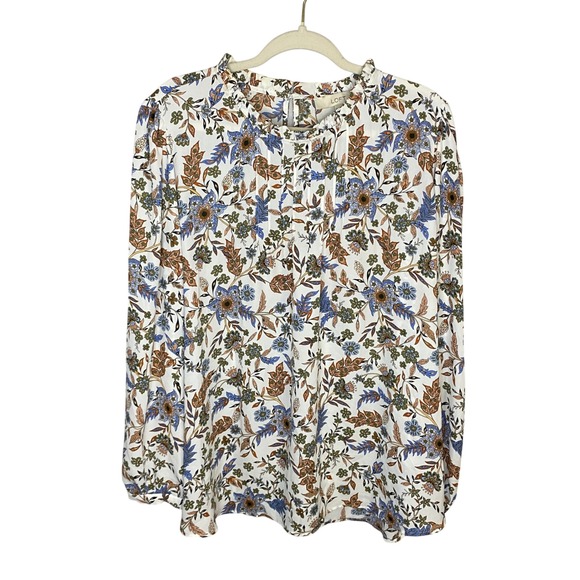 LOFT Tops - LOFT Womens XL Floral Paisley Pintuck Ruffle Neck Keyhole Back Blouse White Blue
